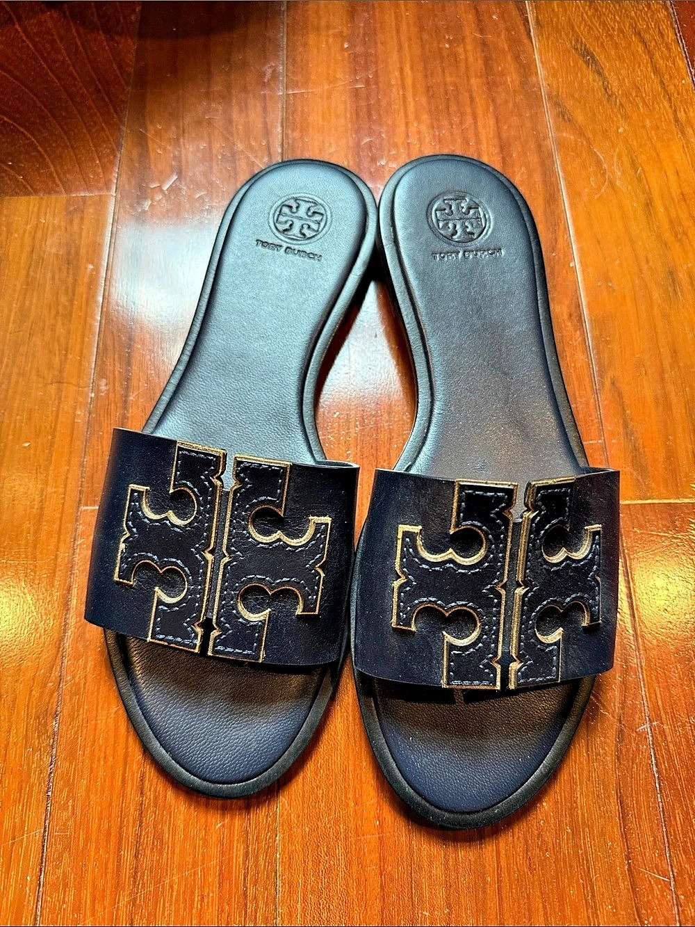 New Tory Burch Miller Slide Black Logo Sandals 7.5